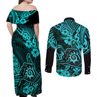 Hawaii Shaka Sign Couples Matching Off Shoulder Maxi Dress and Long Sleeve Button Shirts Polynesian Pattern Turquoise Version LT01 - Polynesian Pride