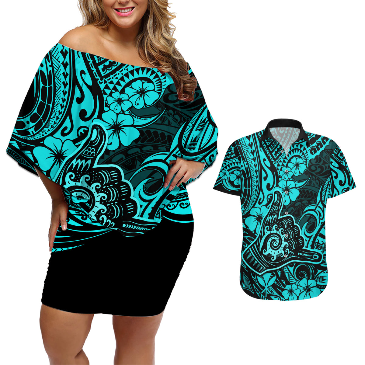 Hawaii Shaka Sign Couples Matching Off Shoulder Short Dress and Hawaiian Shirt Polynesian Pattern Turquoise Version LT01 Turquoise - Polynesian Pride
