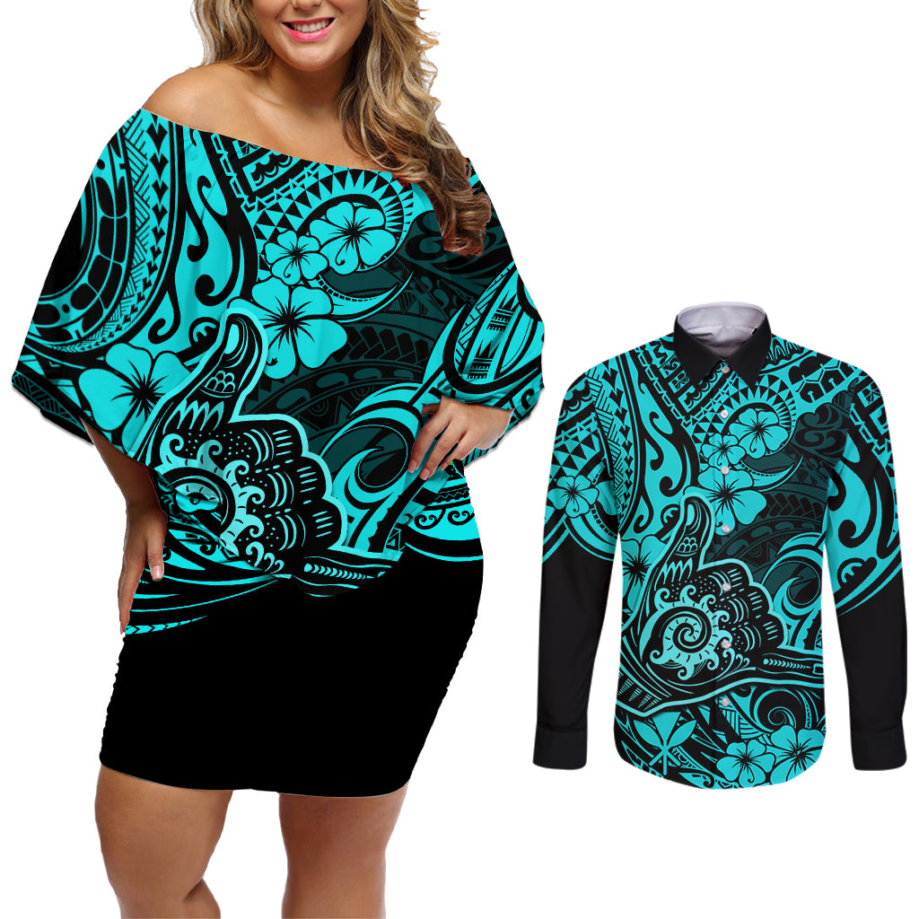 Hawaii Shaka Sign Couples Matching Off Shoulder Short Dress and Long Sleeve Button Shirts Polynesian Pattern Turquoise Version LT01 Turquoise - Polynesian Pride