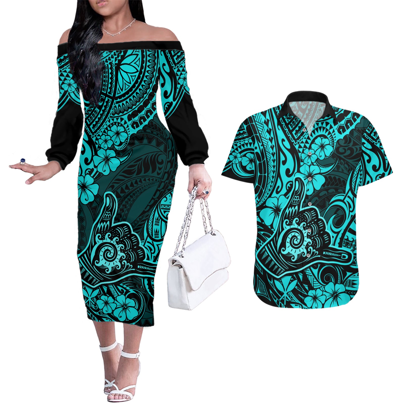 Hawaii Shaka Sign Couples Matching Off The Shoulder Long Sleeve Dress and Hawaiian Shirt Polynesian Pattern Turquoise Version LT01 Turquoise - Polynesian Pride