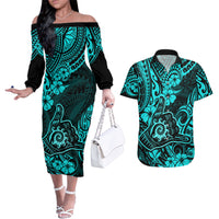 Hawaii Shaka Sign Couples Matching Off The Shoulder Long Sleeve Dress and Hawaiian Shirt Polynesian Pattern Turquoise Version LT01 Turquoise - Polynesian Pride