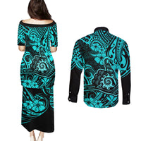 Hawaii Shaka Sign Couples Matching Puletasi Dress and Long Sleeve Button Shirts Polynesian Pattern Turquoise Version LT01 - Polynesian Pride