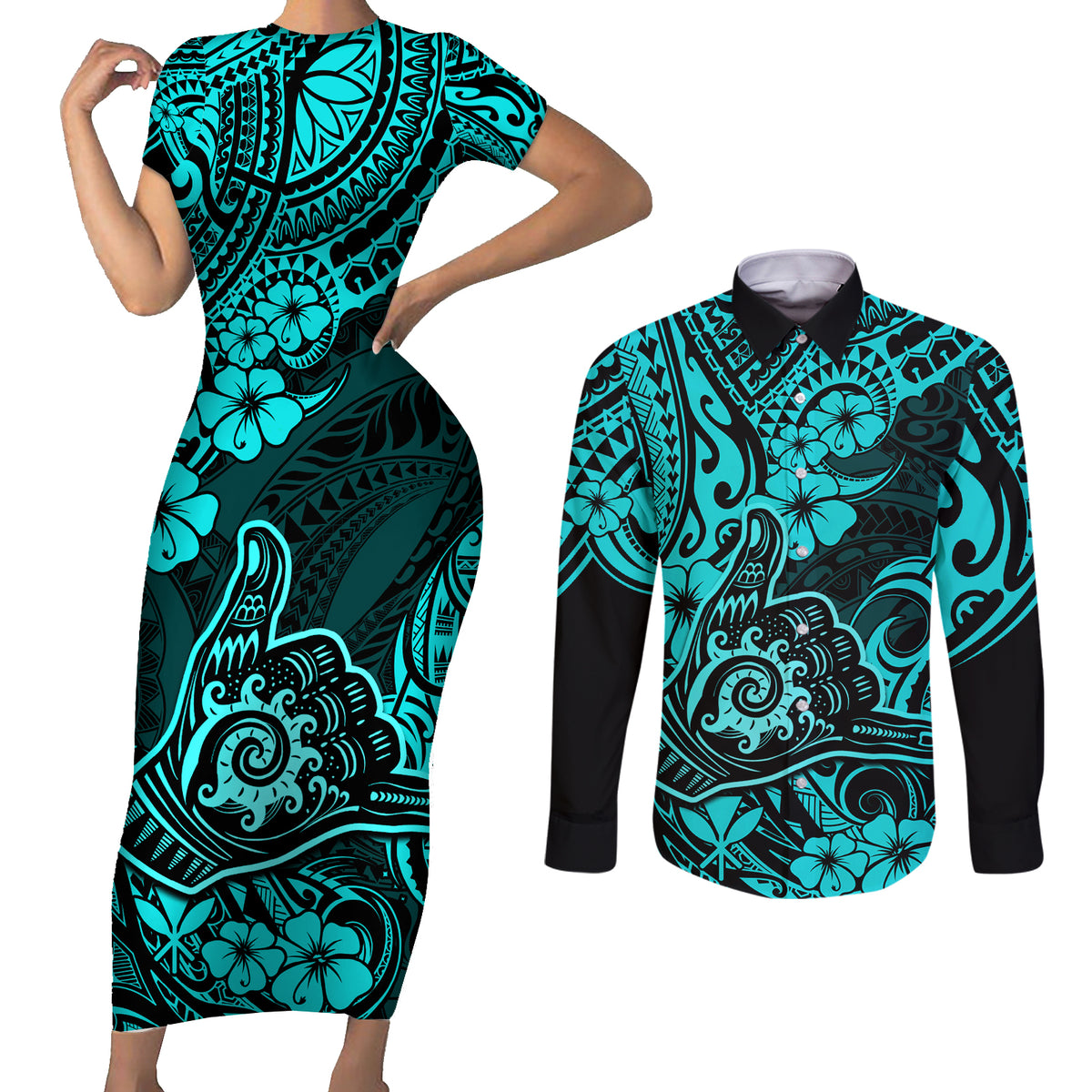 Hawaii Shaka Sign Couples Matching Short Sleeve Bodycon Dress and Long Sleeve Button Shirts Polynesian Pattern Turquoise Version LT01 Turquoise - Polynesian Pride