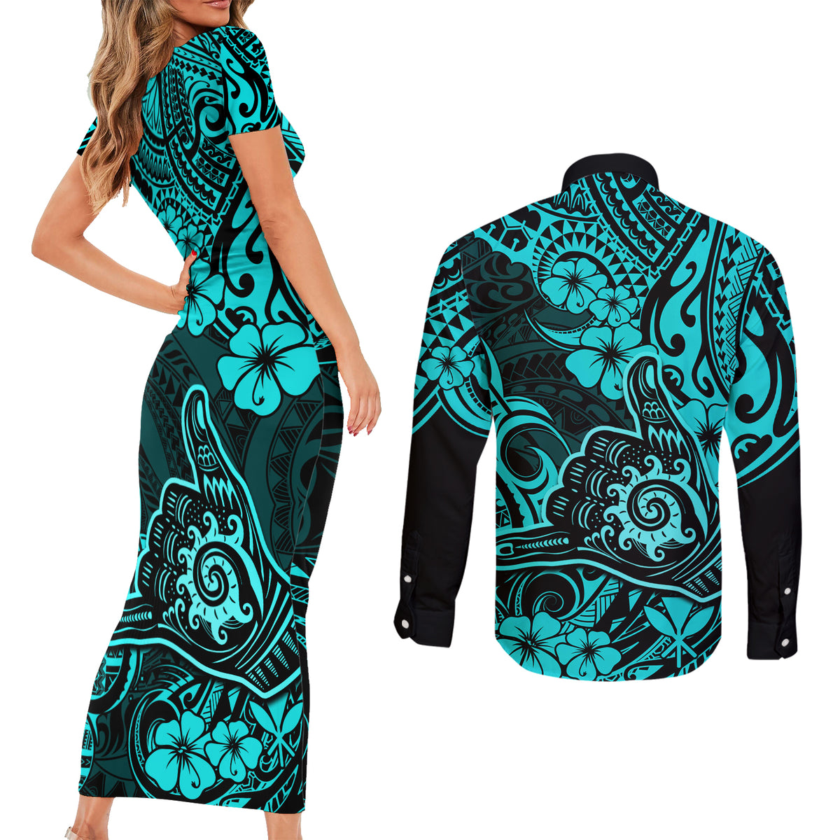 Hawaii Shaka Sign Couples Matching Short Sleeve Bodycon Dress and Long Sleeve Button Shirts Polynesian Pattern Turquoise Version LT01 - Polynesian Pride