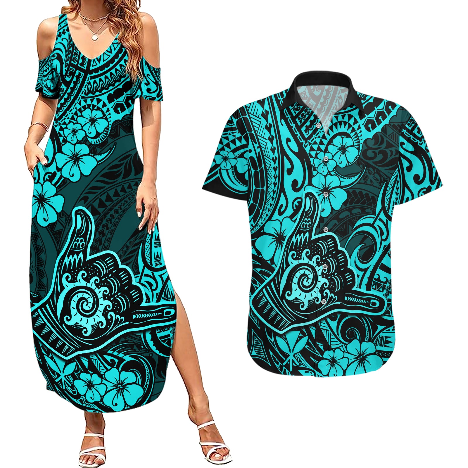Hawaii Shaka Sign Couples Matching Summer Maxi Dress and Hawaiian Shirt Polynesian Pattern Turquoise Version LT01 Turquoise - Polynesian Pride