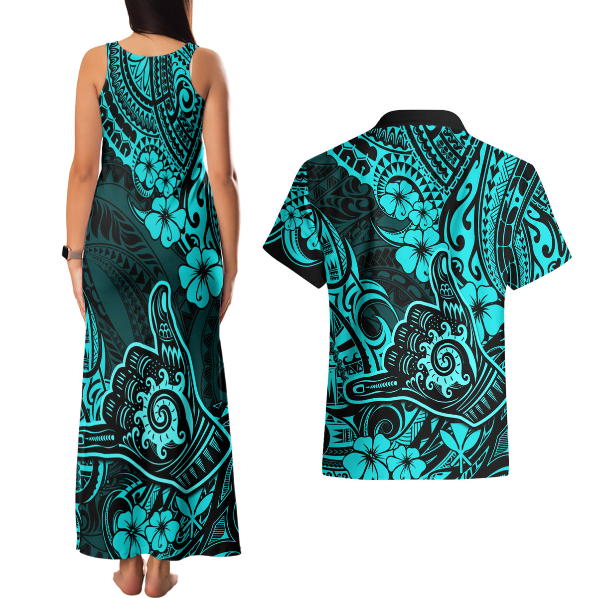 Hawaii Shaka Sign Couples Matching Tank Maxi Dress and Hawaiian Shirt Polynesian Pattern Turquoise Version LT01 - Polynesian Pride