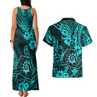 Hawaii Shaka Sign Couples Matching Tank Maxi Dress and Hawaiian Shirt Polynesian Pattern Turquoise Version LT01 - Polynesian Pride