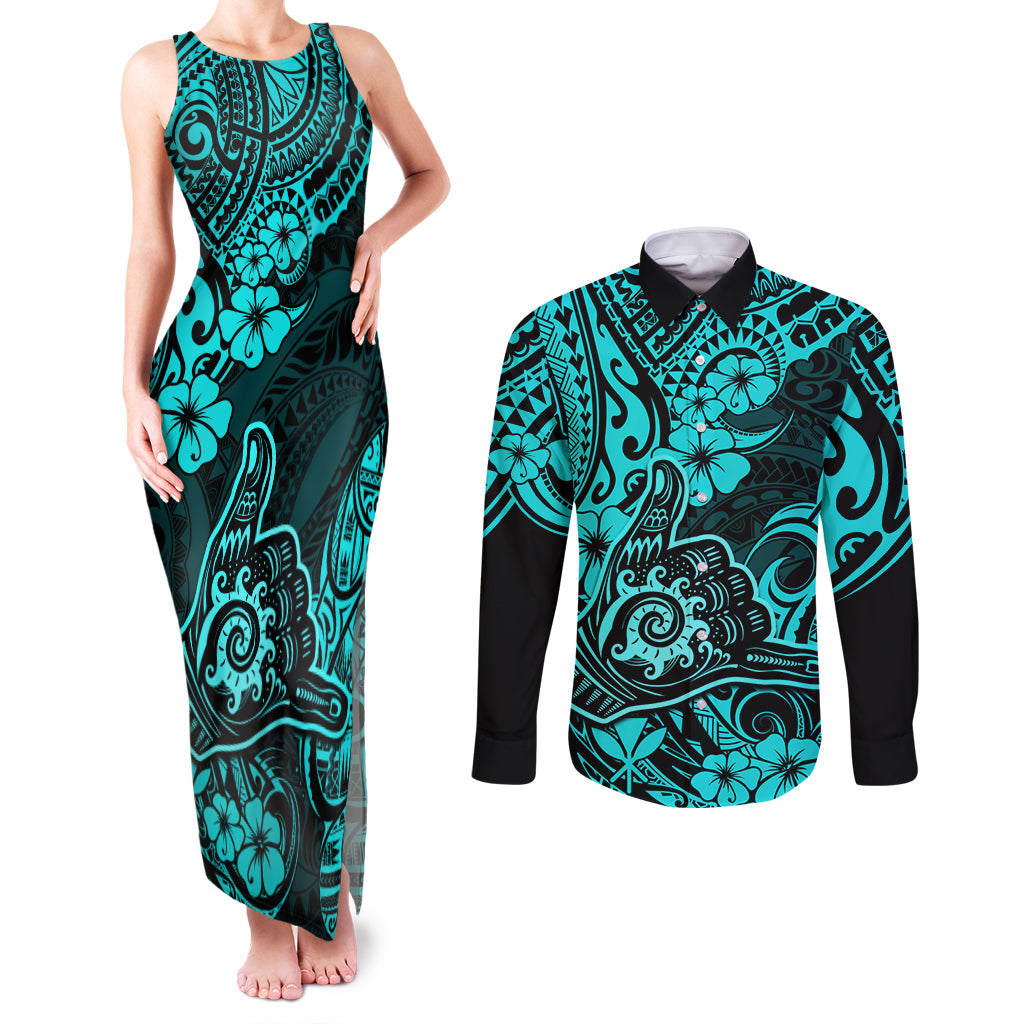 Hawaii Shaka Sign Couples Matching Tank Maxi Dress and Long Sleeve Button Shirts Polynesian Pattern Turquoise Version LT01 Turquoise - Polynesian Pride