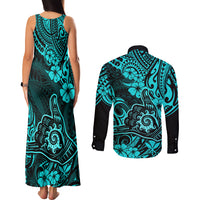 Hawaii Shaka Sign Couples Matching Tank Maxi Dress and Long Sleeve Button Shirts Polynesian Pattern Turquoise Version LT01 - Polynesian Pride