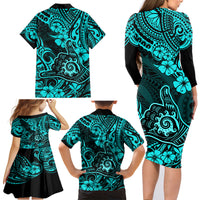 Hawaii Shaka Sign Family Matching Long Sleeve Bodycon Dress and Hawaiian Shirt Polynesian Pattern Turquoise Version LT01 - Polynesian Pride
