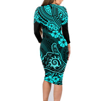 Hawaii Shaka Sign Family Matching Long Sleeve Bodycon Dress and Hawaiian Shirt Polynesian Pattern Turquoise Version LT01 - Polynesian Pride