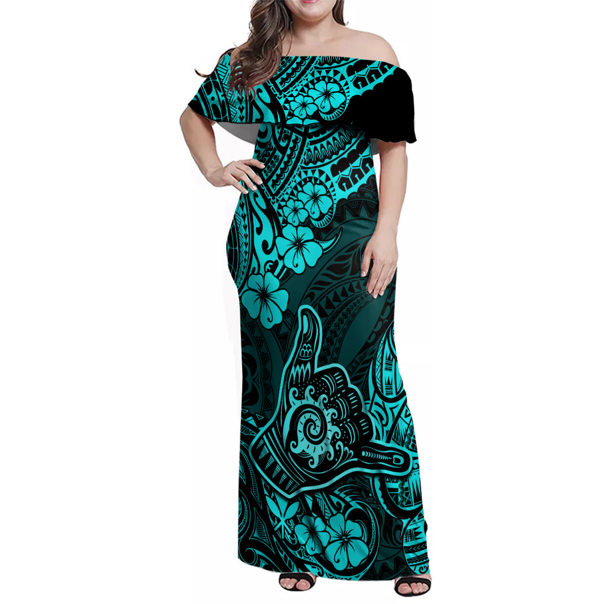 Hawaii Shaka Sign Family Matching Off Shoulder Maxi Dress and Hawaiian Shirt Polynesian Pattern Turquoise Version LT01 Mom's Dress Turquoise - Polynesian Pride