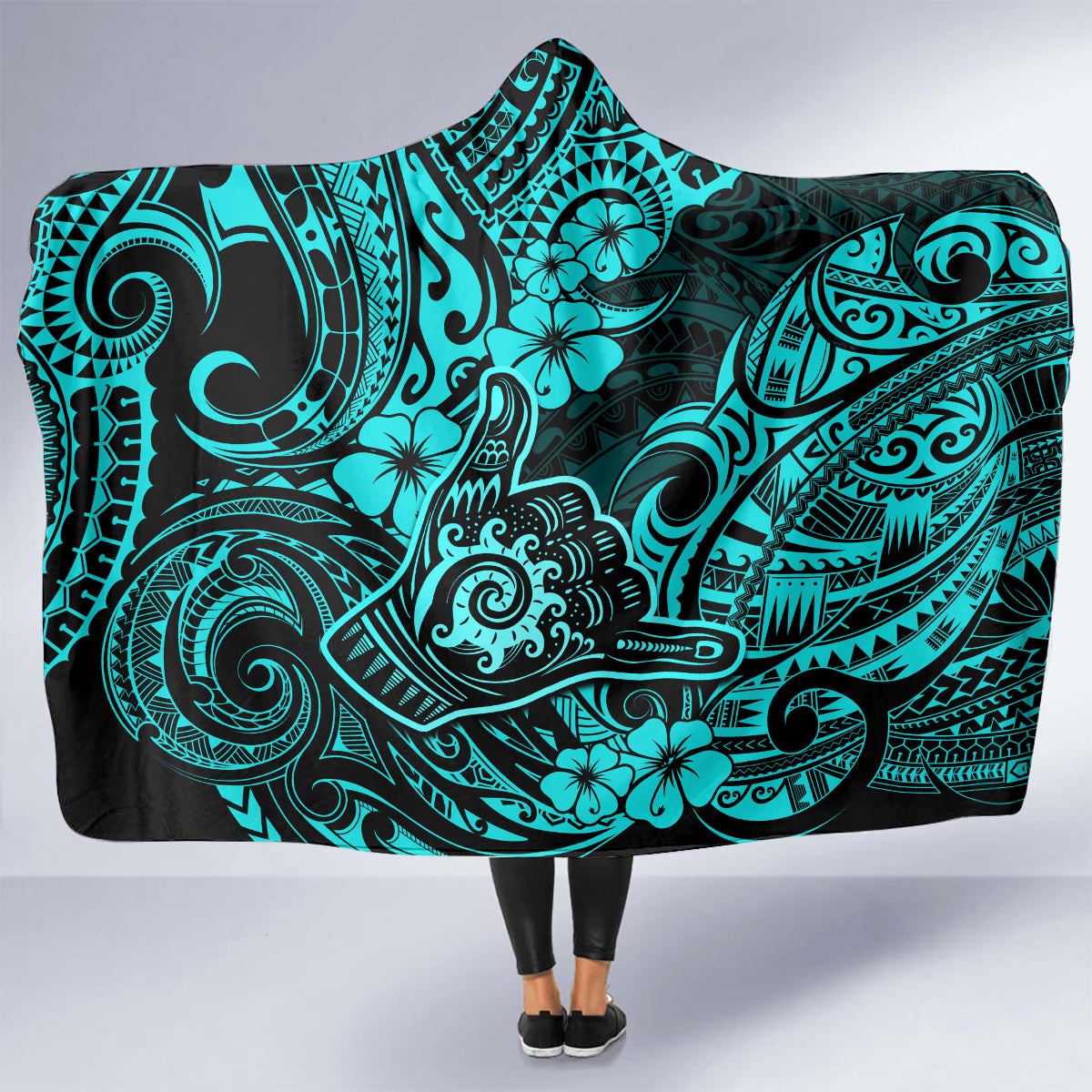 Hawaii Shaka Sign Hooded Blanket Polynesian Pattern Turquoise Version LT01 - Polynesian Pride