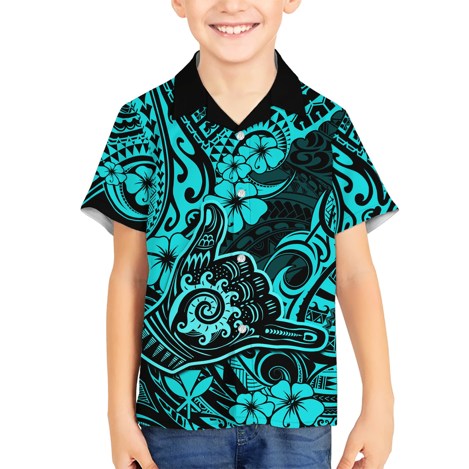 Hawaii Shaka Sign Kid Hawaiian Shirt Polynesian Pattern Turquoise Version LT01 Kid Turquoise - Polynesian Pride