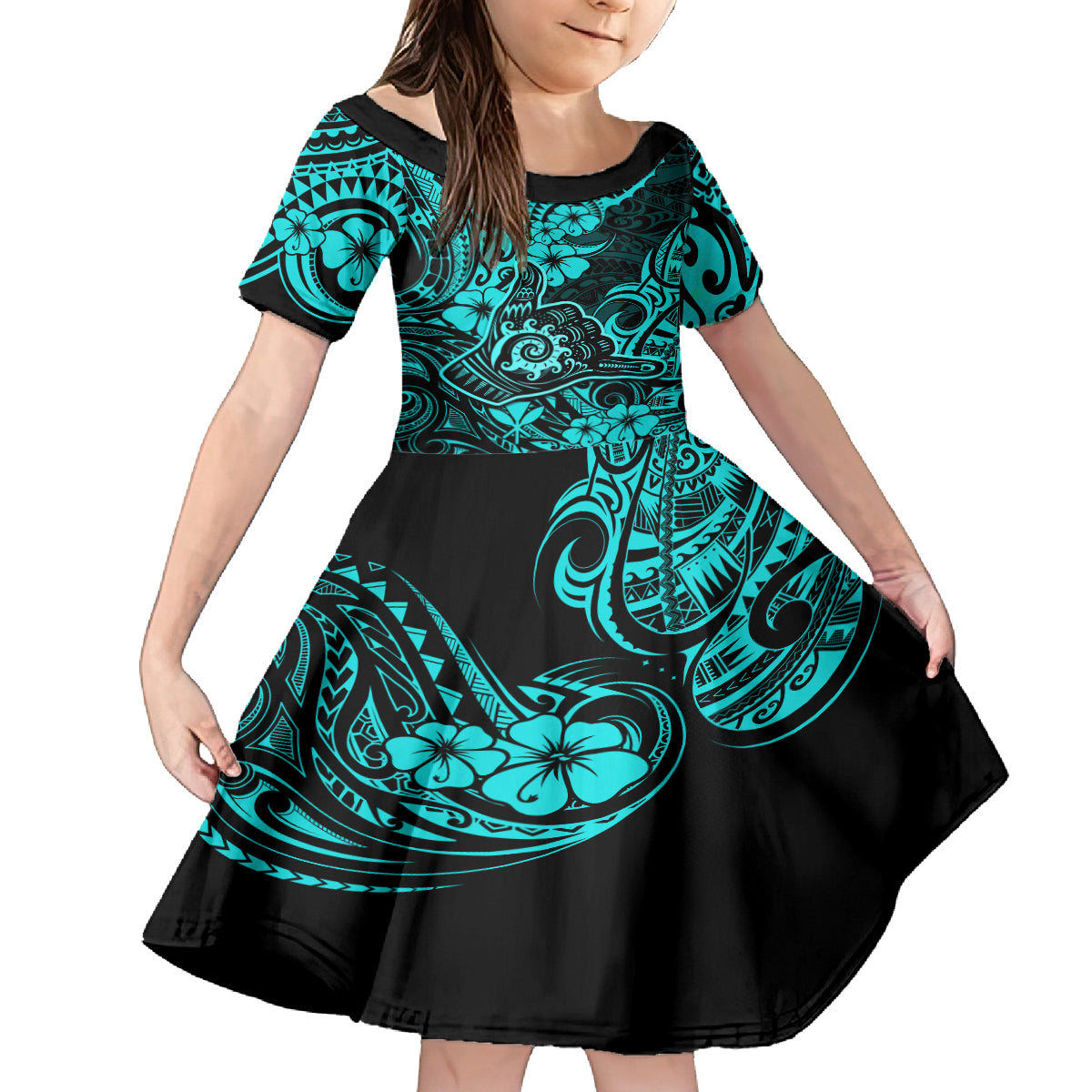 Hawaii Shaka Sign Kid Short Sleeve Dress Polynesian Pattern Turquoise Version LT01 KID Turquoise - Polynesian Pride