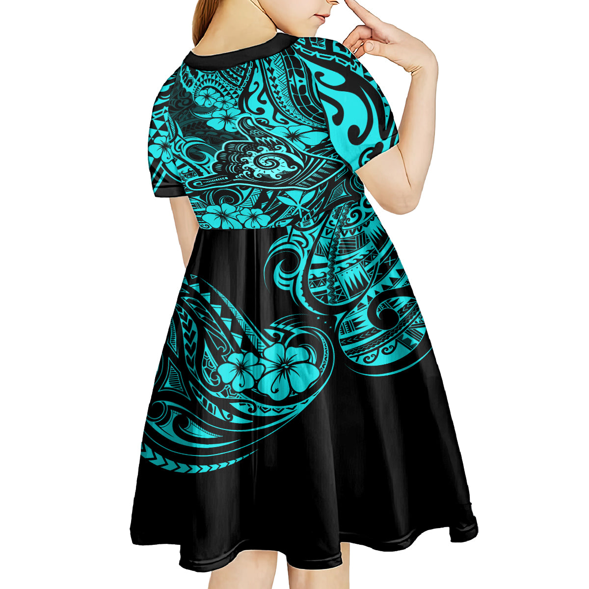 Hawaii Shaka Sign Kid Short Sleeve Dress Polynesian Pattern Turquoise Version LT01 - Polynesian Pride