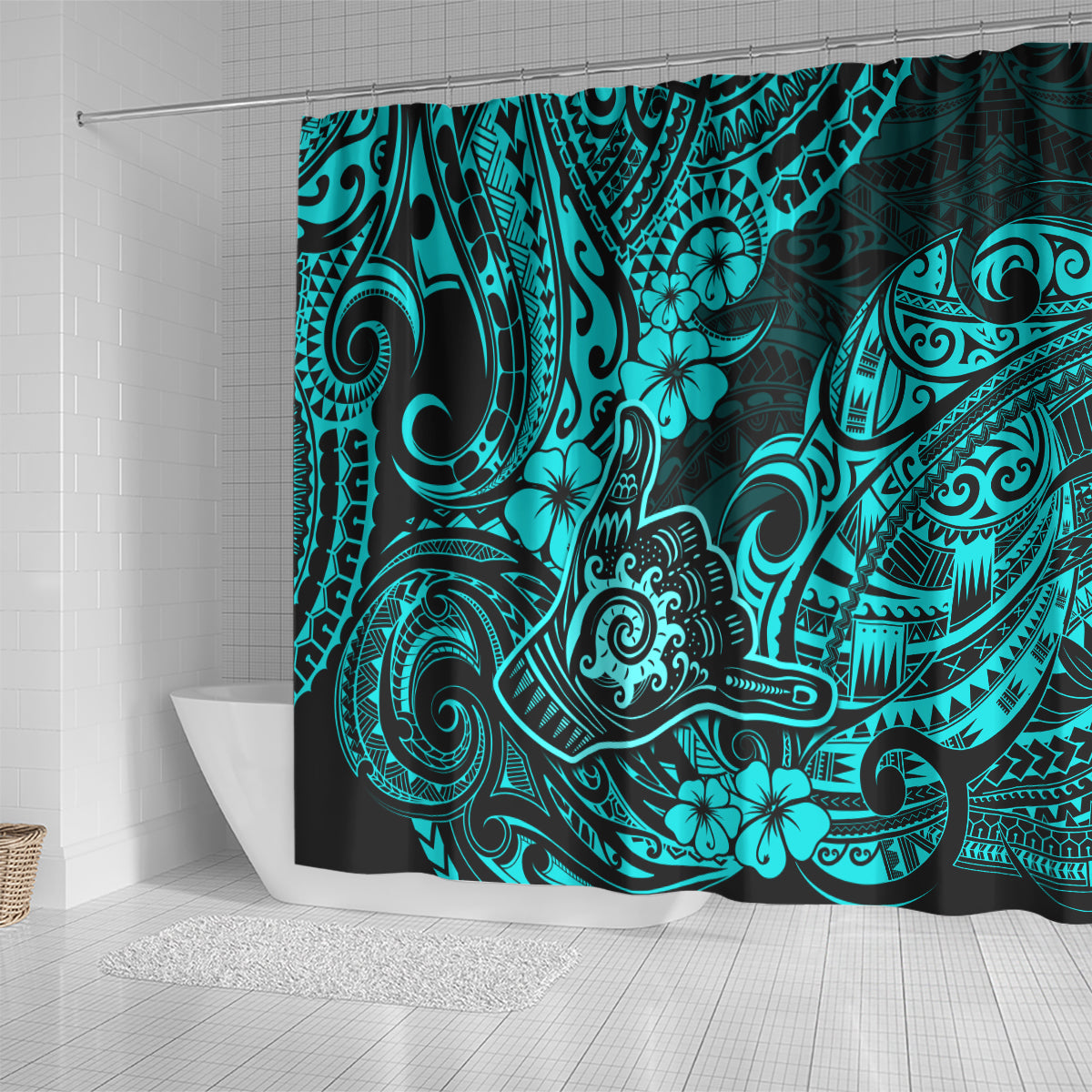 Hawaii Shaka Sign Shower Curtain Polynesian Pattern Turquoise Version LT01 - Polynesian Pride