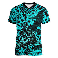 Hawaii Shaka Sign Women V Neck T Shirt Polynesian Pattern Turquoise Version LT01 Female Turquoise - Polynesian Pride