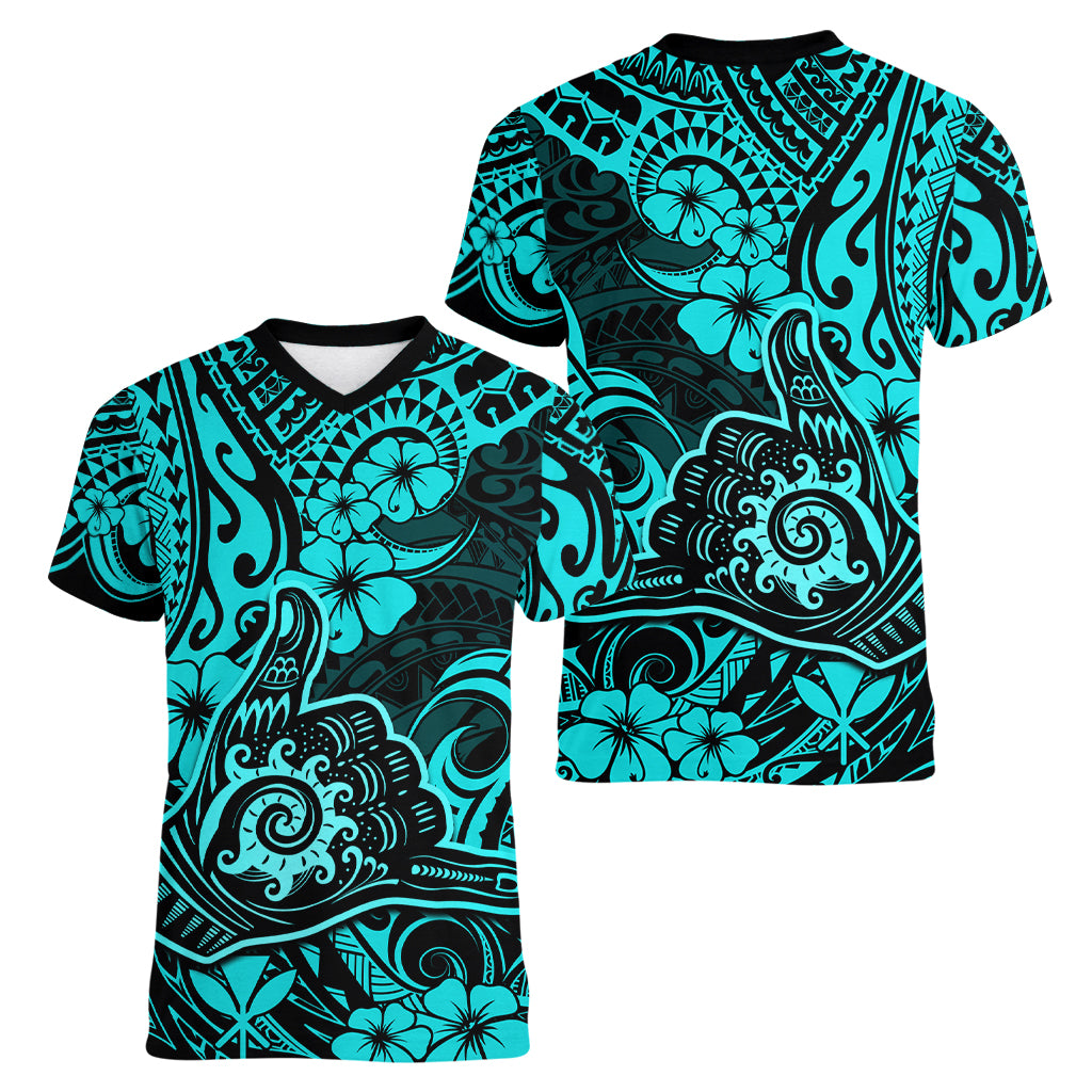 Hawaii Shaka Sign Women V Neck T Shirt Polynesian Pattern Turquoise Version LT01 - Polynesian Pride