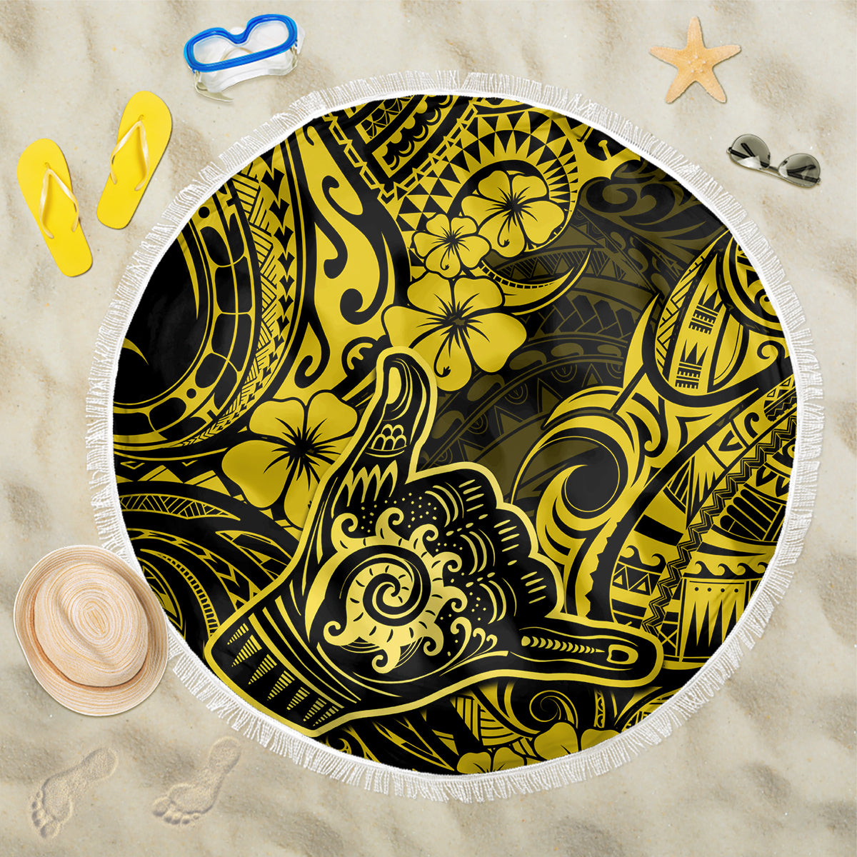 Hawaii Shaka Sign Beach Blanket Polynesian Pattern Yellow Version LT01 One Size 150cm Yellow - Wonder Print Shop