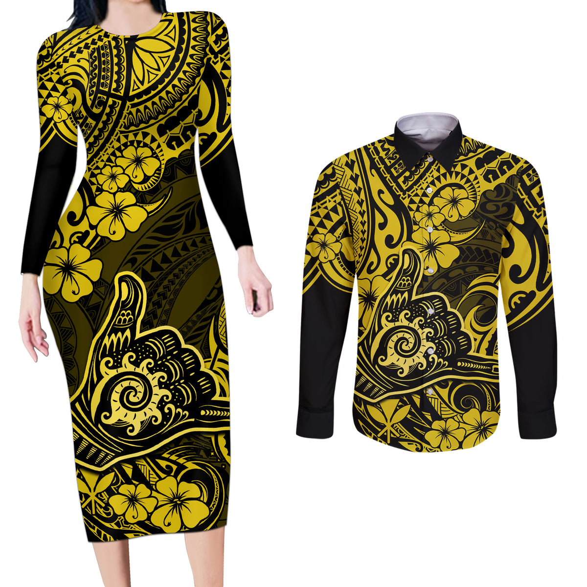 Hawaii Shaka Sign Couples Matching Long Sleeve Bodycon Dress and Long Sleeve Button Shirts Polynesian Pattern Yellow Version LT01 Yellow - Polynesian Pride
