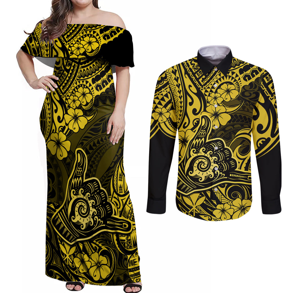 Hawaii Shaka Sign Couples Matching Off Shoulder Maxi Dress and Long Sleeve Button Shirts Polynesian Pattern Yellow Version LT01 Yellow - Polynesian Pride