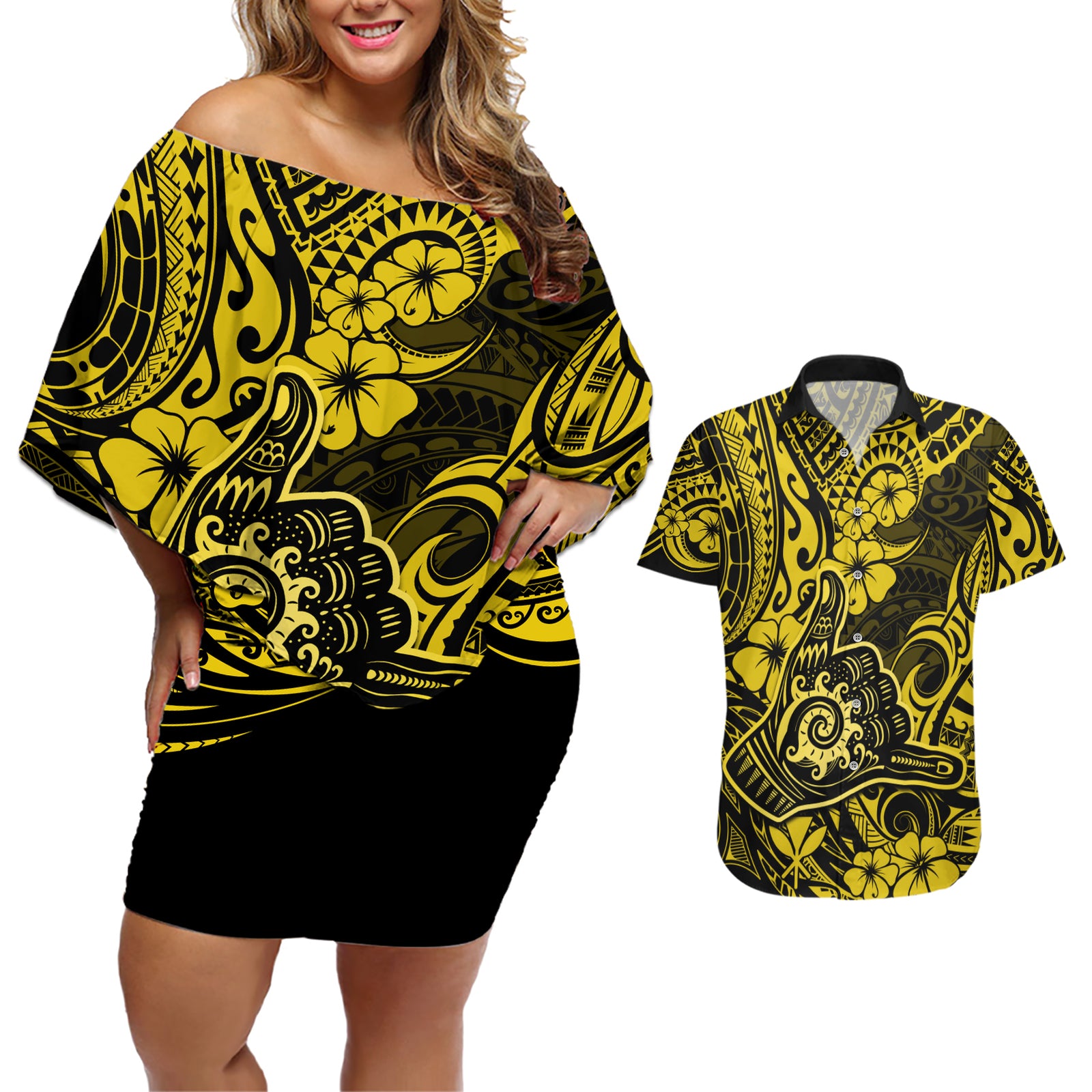Hawaii Shaka Sign Couples Matching Off Shoulder Short Dress and Hawaiian Shirt Polynesian Pattern Yellow Version LT01 Yellow - Polynesian Pride