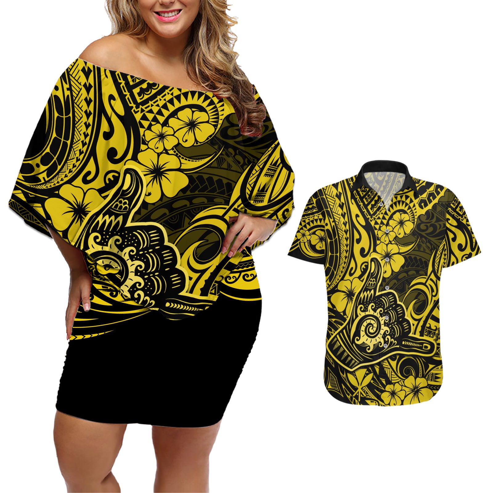 Hawaii Shaka Sign Couples Matching Off Shoulder Short Dress and Hawaiian Shirt Polynesian Pattern Yellow Version LT01 Yellow - Polynesian Pride