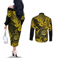Hawaii Shaka Sign Couples Matching Off The Shoulder Long Sleeve Dress and Long Sleeve Button Shirts Polynesian Pattern Yellow Version LT01 - Polynesian Pride