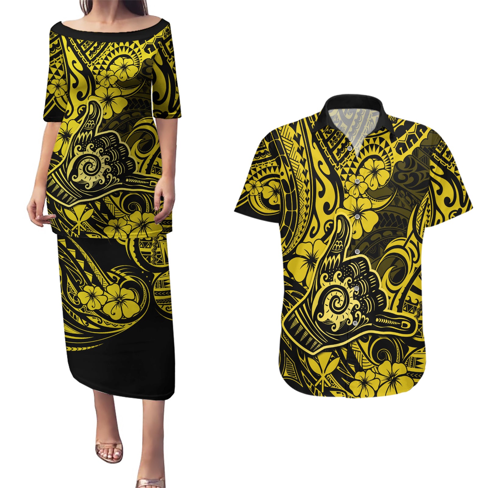 Hawaii Shaka Sign Couples Matching Puletasi Dress and Hawaiian Shirt Polynesian Pattern Yellow Version LT01 Yellow - Polynesian Pride