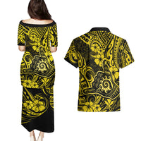Hawaii Shaka Sign Couples Matching Puletasi Dress and Hawaiian Shirt Polynesian Pattern Yellow Version LT01 - Polynesian Pride