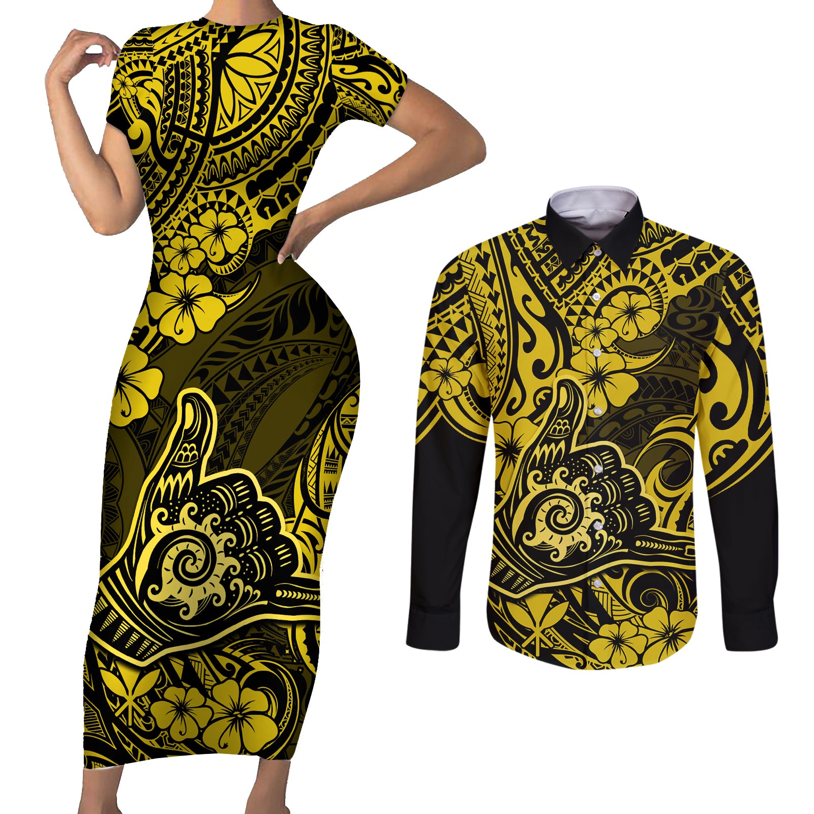 Hawaii Shaka Sign Couples Matching Short Sleeve Bodycon Dress and Long Sleeve Button Shirts Polynesian Pattern Yellow Version LT01 Yellow - Polynesian Pride