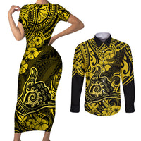 Hawaii Shaka Sign Couples Matching Short Sleeve Bodycon Dress and Long Sleeve Button Shirts Polynesian Pattern Yellow Version LT01 Yellow - Polynesian Pride