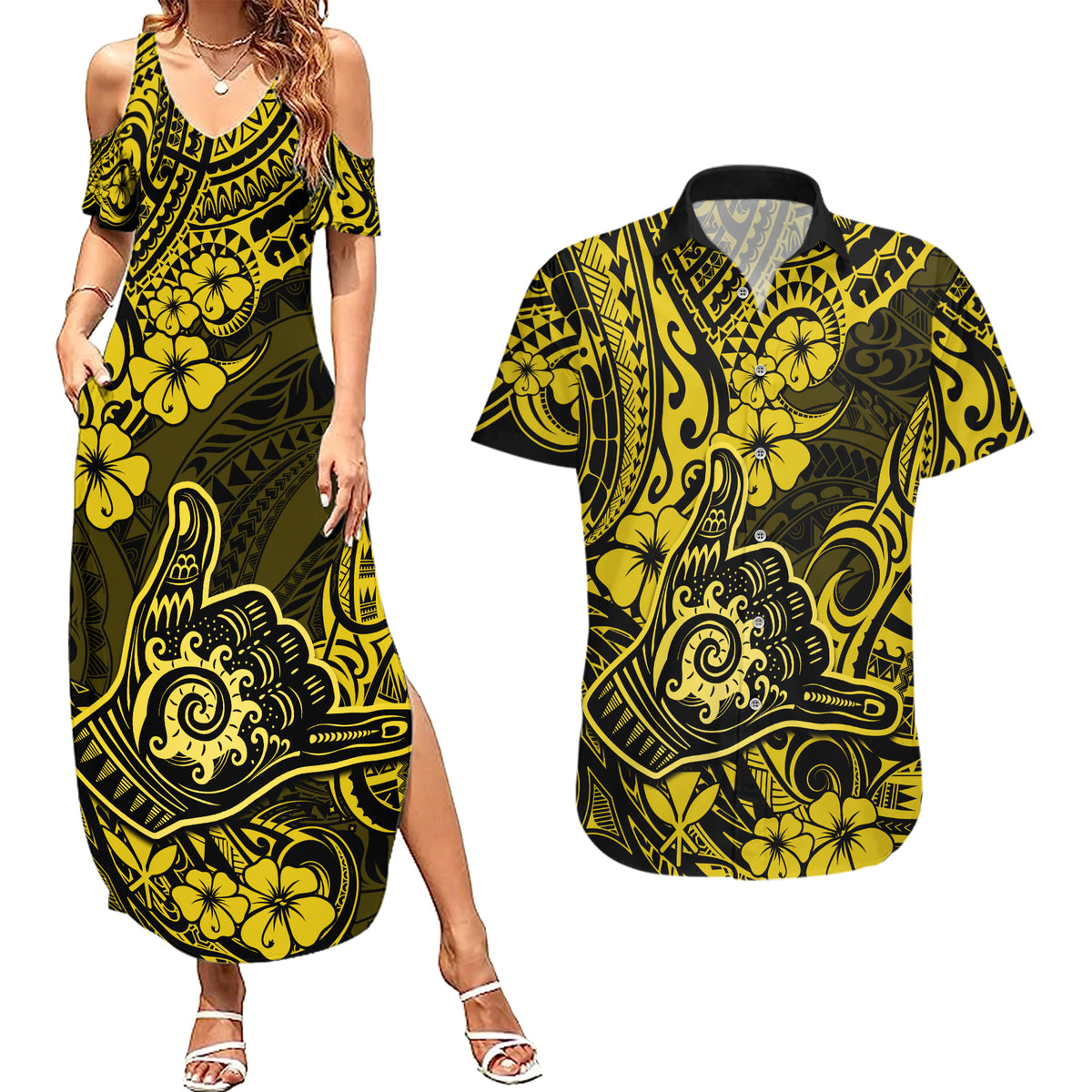 Hawaii Shaka Sign Couples Matching Summer Maxi Dress and Hawaiian Shirt Polynesian Pattern Yellow Version LT01 Yellow - Polynesian Pride