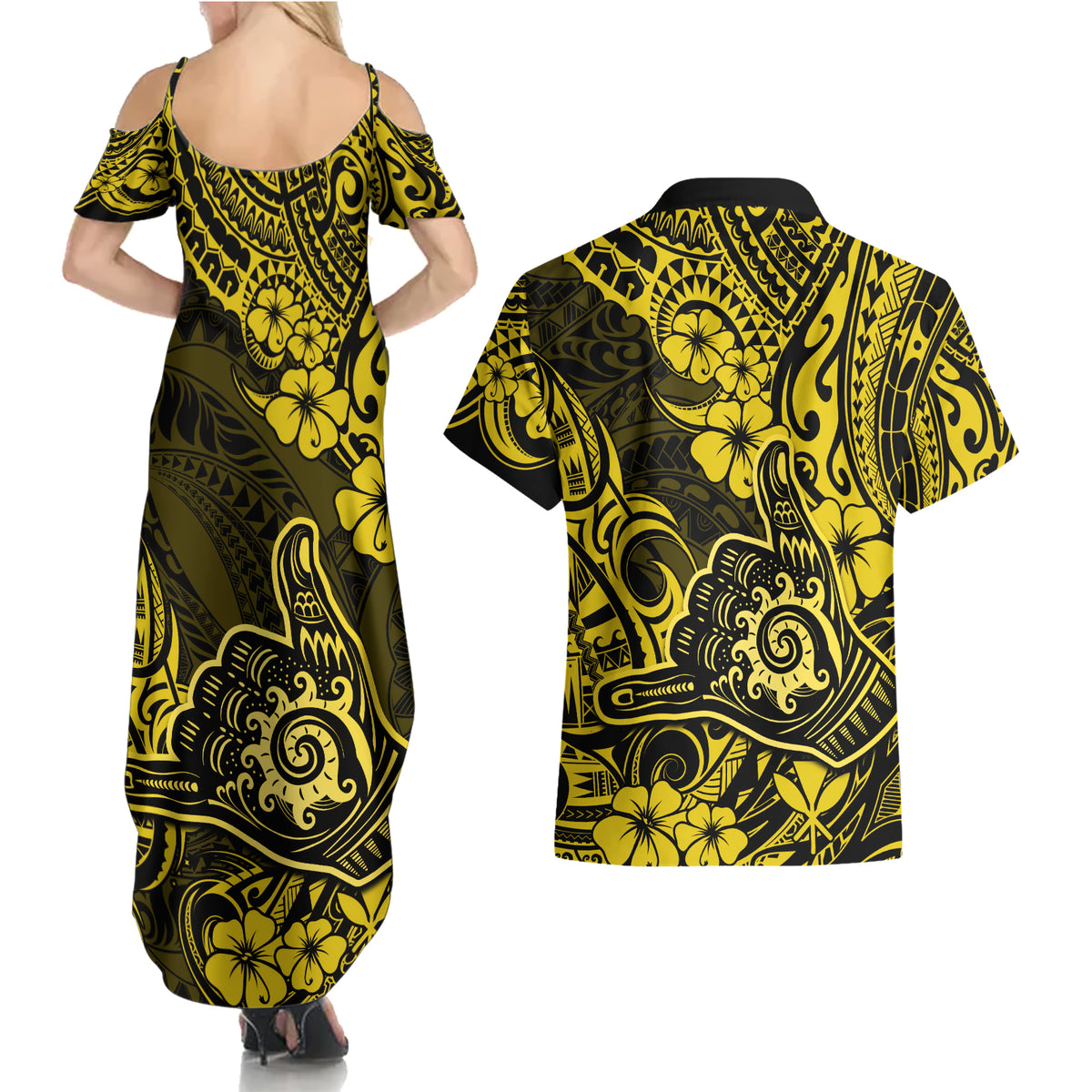 Hawaii Shaka Sign Couples Matching Summer Maxi Dress and Hawaiian Shirt Polynesian Pattern Yellow Version LT01 - Polynesian Pride