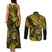 Hawaii Shaka Sign Couples Matching Tank Maxi Dress and Long Sleeve Button Shirts Polynesian Pattern Yellow Version LT01 - Polynesian Pride