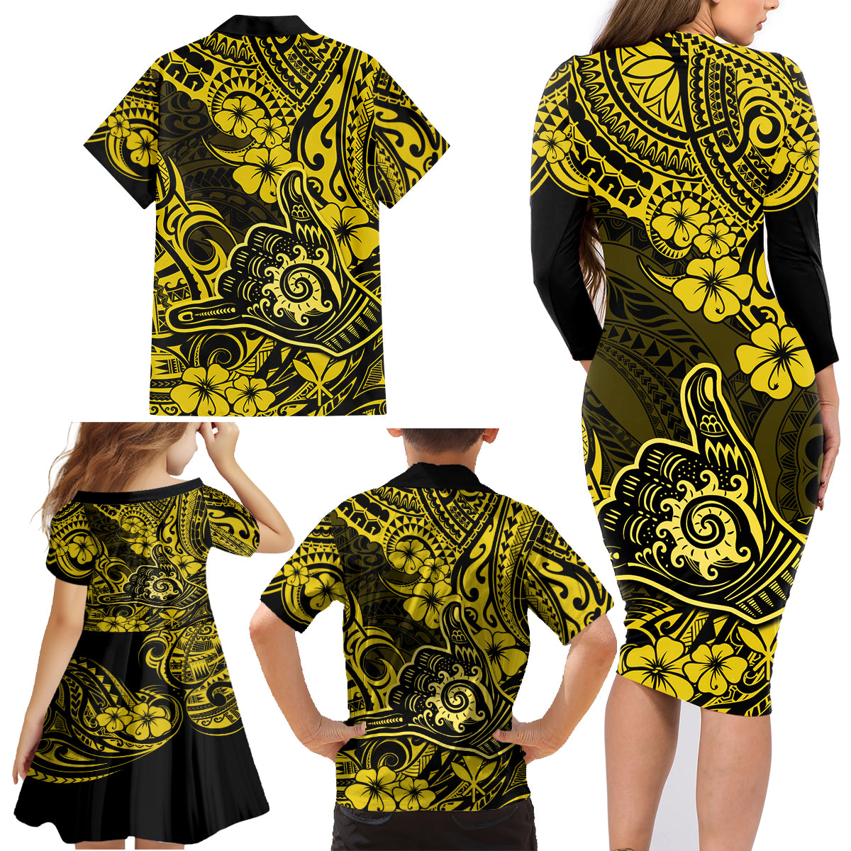 Hawaii Shaka Sign Family Matching Long Sleeve Bodycon Dress and Hawaiian Shirt Polynesian Pattern Yellow Version LT01 - Polynesian Pride
