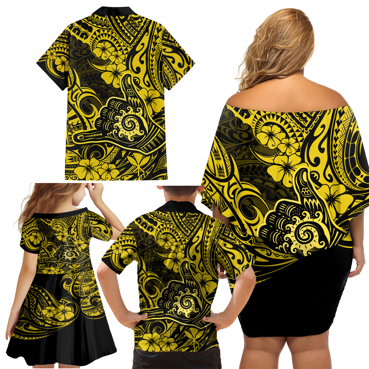 Hawaii Shaka Sign Family Matching Off Shoulder Short Dress and Hawaiian Shirt Polynesian Pattern Yellow Version LT01 - Polynesian Pride