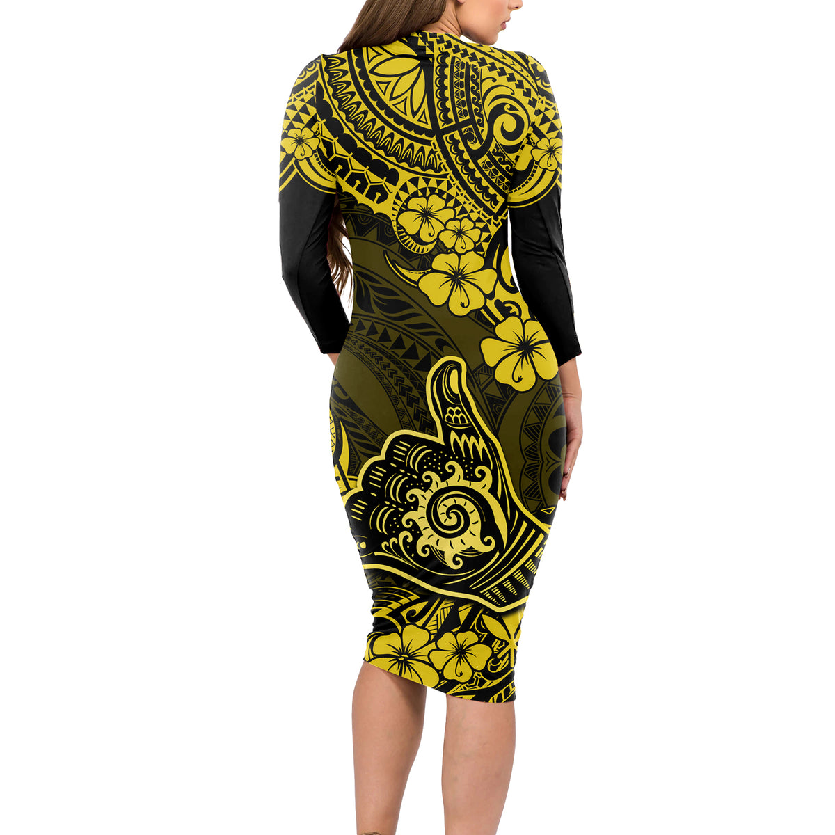 Hawaii Shaka Sign Long Sleeve Bodycon Dress Polynesian Pattern Yellow Version LT01 - Polynesian Pride