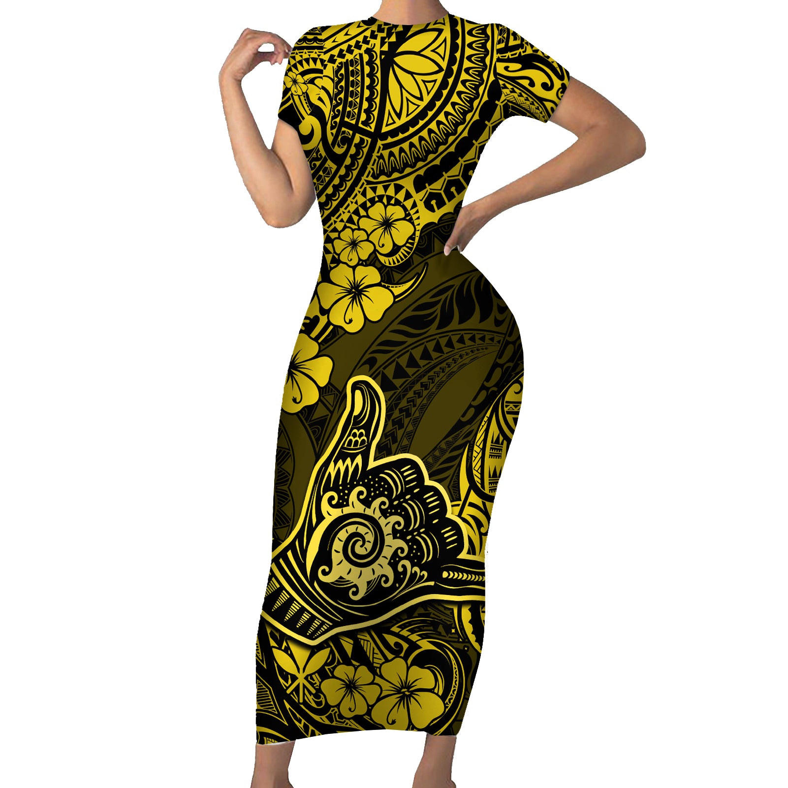 Hawaii Shaka Sign Short Sleeve Bodycon Dress Polynesian Pattern Yellow Version LT01 Long Dress Yellow - Polynesian Pride