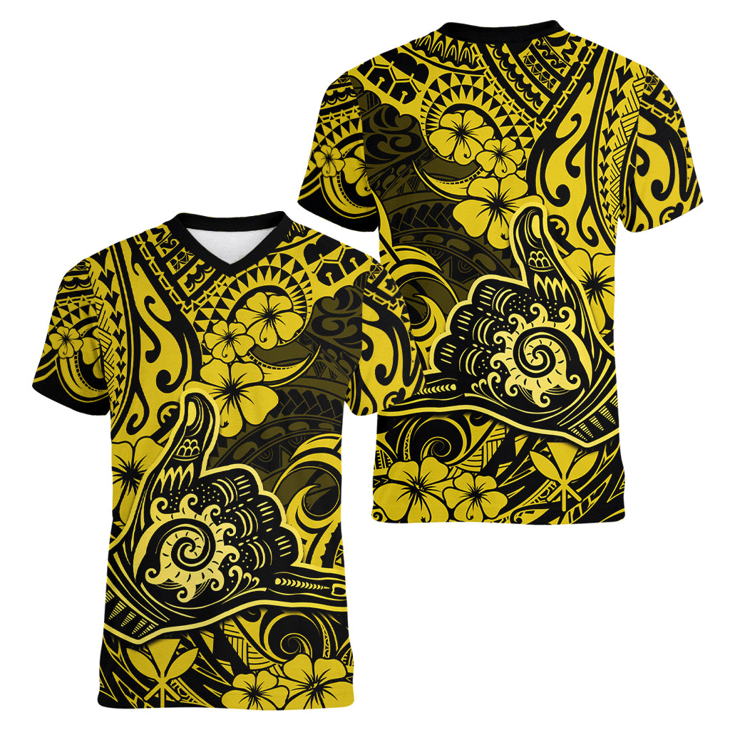 Hawaii Shaka Sign Women V Neck T Shirt Polynesian Pattern Yellow Version LT01 - Polynesian Pride