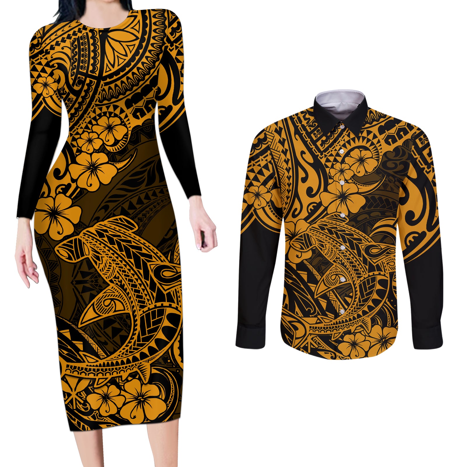 Hawaii Shark Couples Matching Long Sleeve Bodycon Dress and Long Sleeve Button Shirts Polynesian Pattern Gold Version LT01 Gold - Polynesian Pride