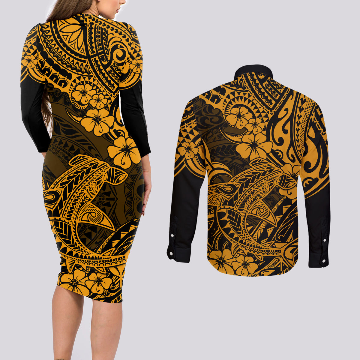 Hawaii Shark Couples Matching Long Sleeve Bodycon Dress and Long Sleeve Button Shirts Polynesian Pattern Gold Version LT01 - Polynesian Pride