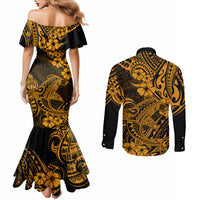 Hawaii Shark Couples Matching Mermaid Dress and Long Sleeve Button Shirts Polynesian Pattern Gold Version LT01 - Polynesian Pride