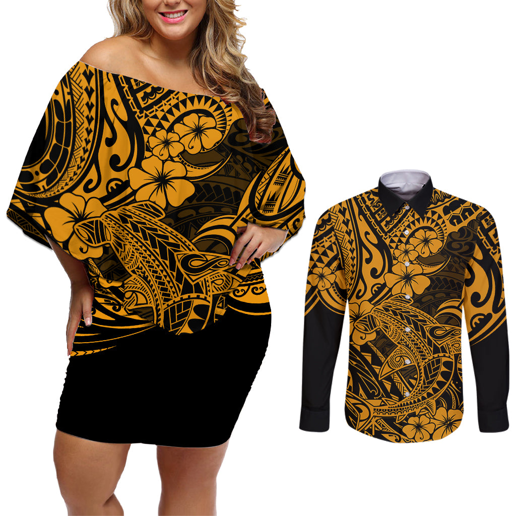 Hawaii Shark Couples Matching Off Shoulder Short Dress and Long Sleeve Button Shirts Polynesian Pattern Gold Version LT01 Gold - Polynesian Pride