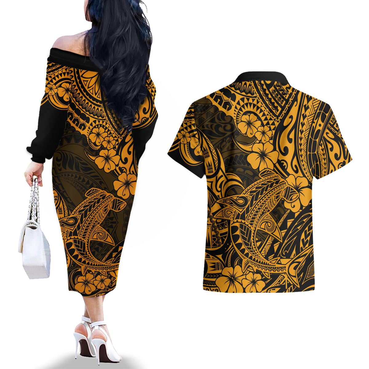 Hawaii Shark Couples Matching Off The Shoulder Long Sleeve Dress and Hawaiian Shirt Polynesian Pattern Gold Version LT01 - Polynesian Pride