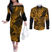 Hawaii Shark Couples Matching Off The Shoulder Long Sleeve Dress and Long Sleeve Button Shirts Polynesian Pattern Gold Version LT01 Gold - Polynesian Pride