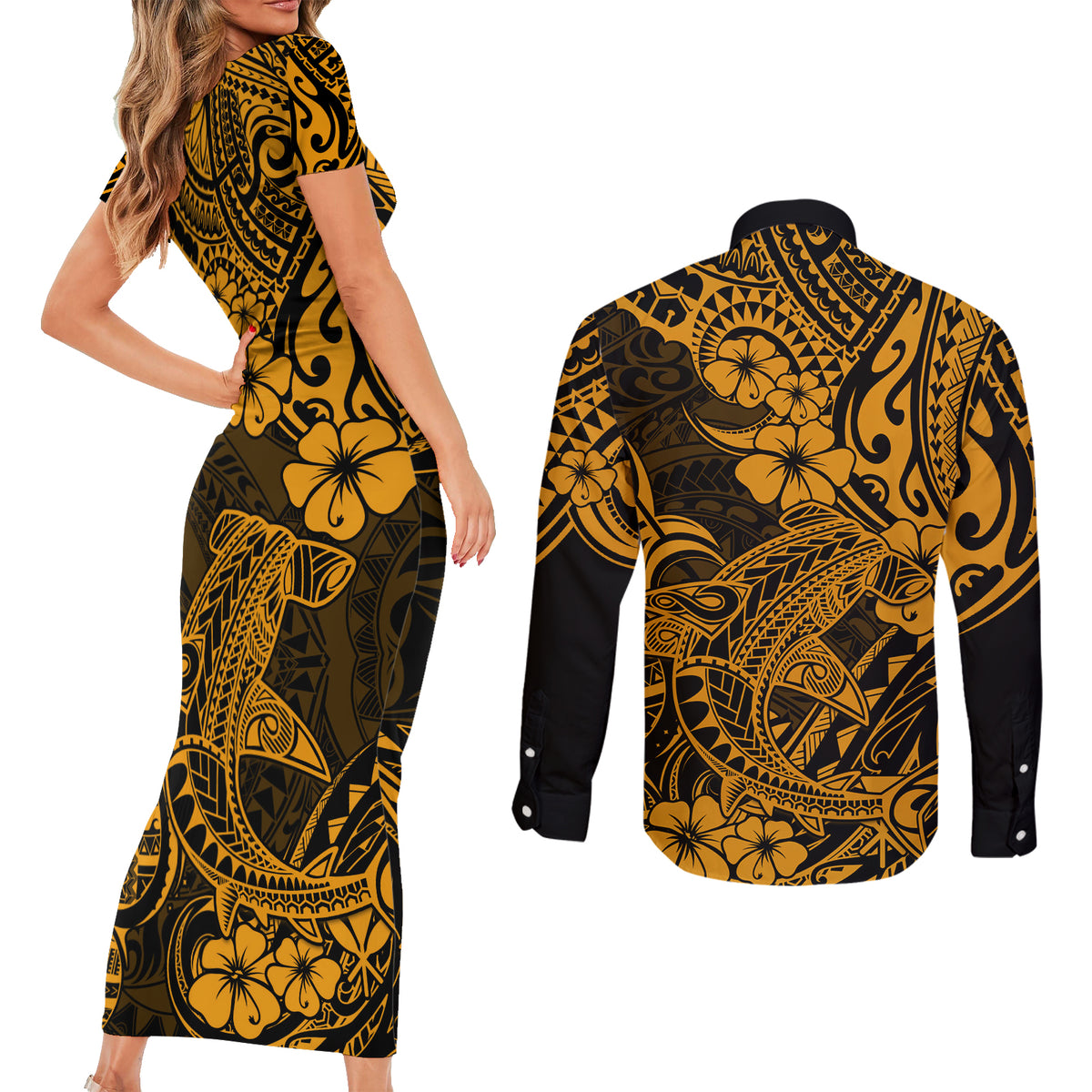Hawaii Shark Couples Matching Short Sleeve Bodycon Dress and Long Sleeve Button Shirts Polynesian Pattern Gold Version LT01 - Polynesian Pride