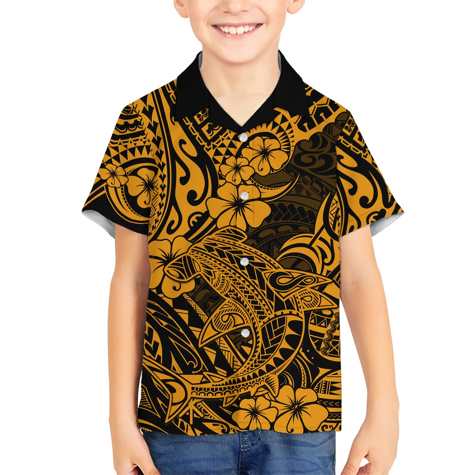 Hawaii Shark Kid Hawaiian Shirt Polynesian Pattern Gold Version LT01 Kid Gold - Polynesian Pride