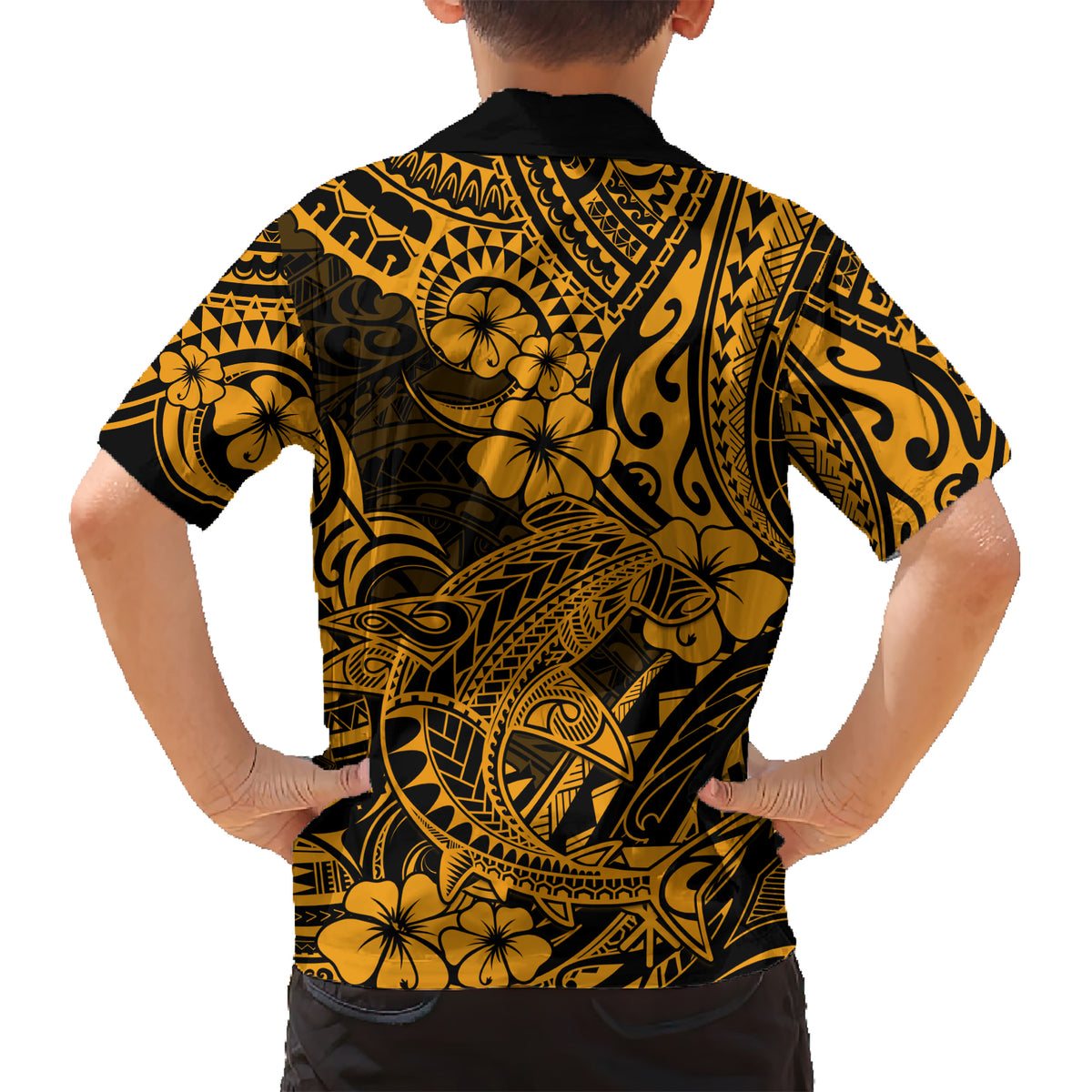 Hawaii Shark Kid Hawaiian Shirt Polynesian Pattern Gold Version LT01 - Polynesian Pride